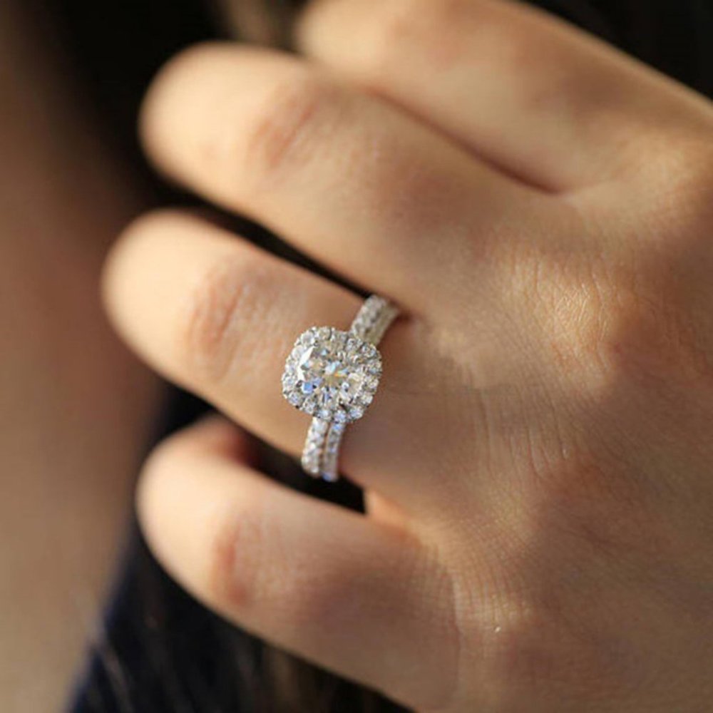 NEW 925 Sterling Silver Diamond Halo 2P Ring Set E - Picture 4 of 5